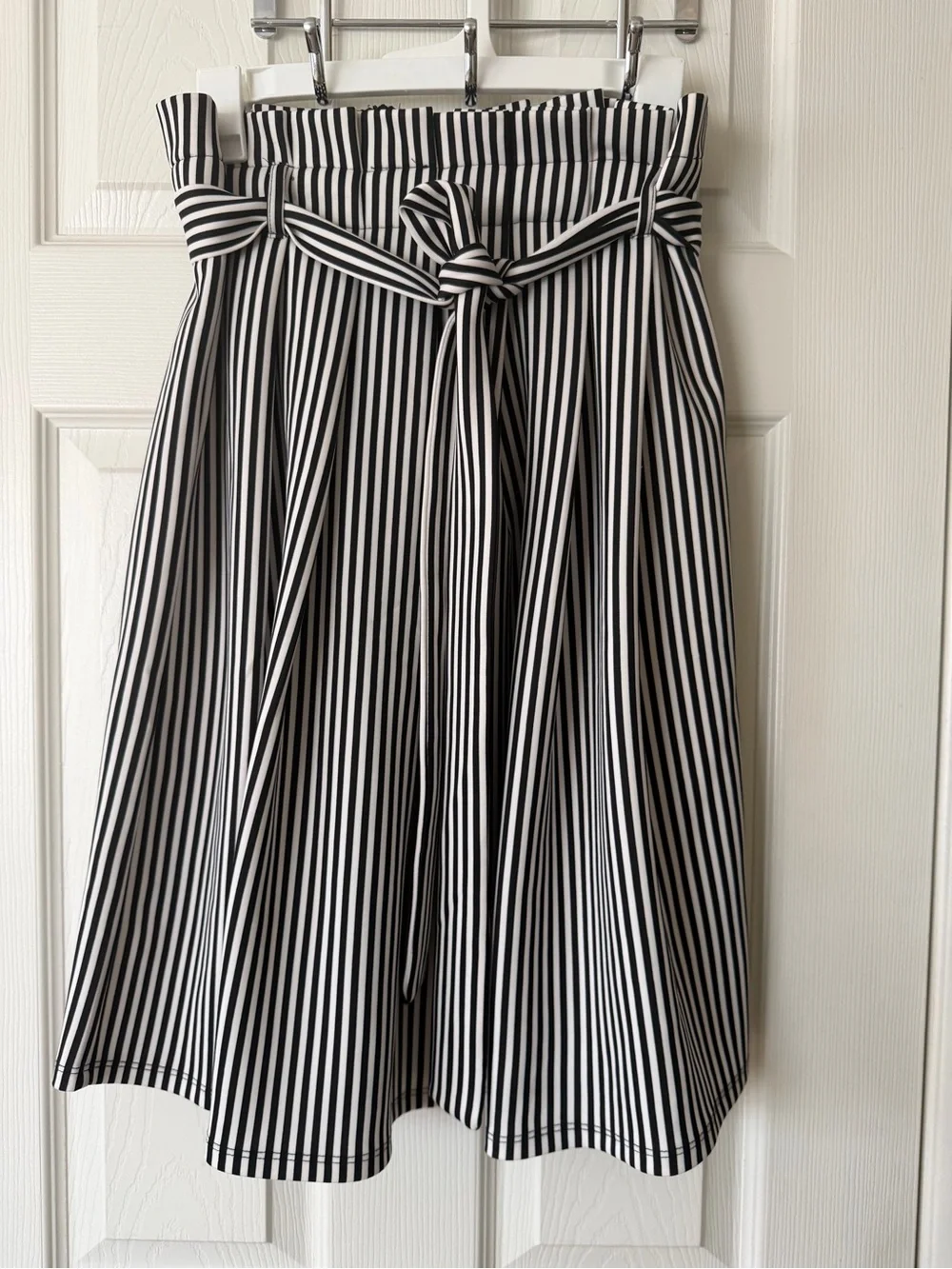 Haute Monde Black and White Striped A-Line Midi Skirt